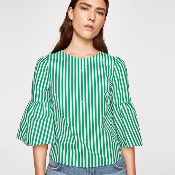 Zara Tops - NWOT Zara Striped Poplin Pearl Bell Sleeve Blouse